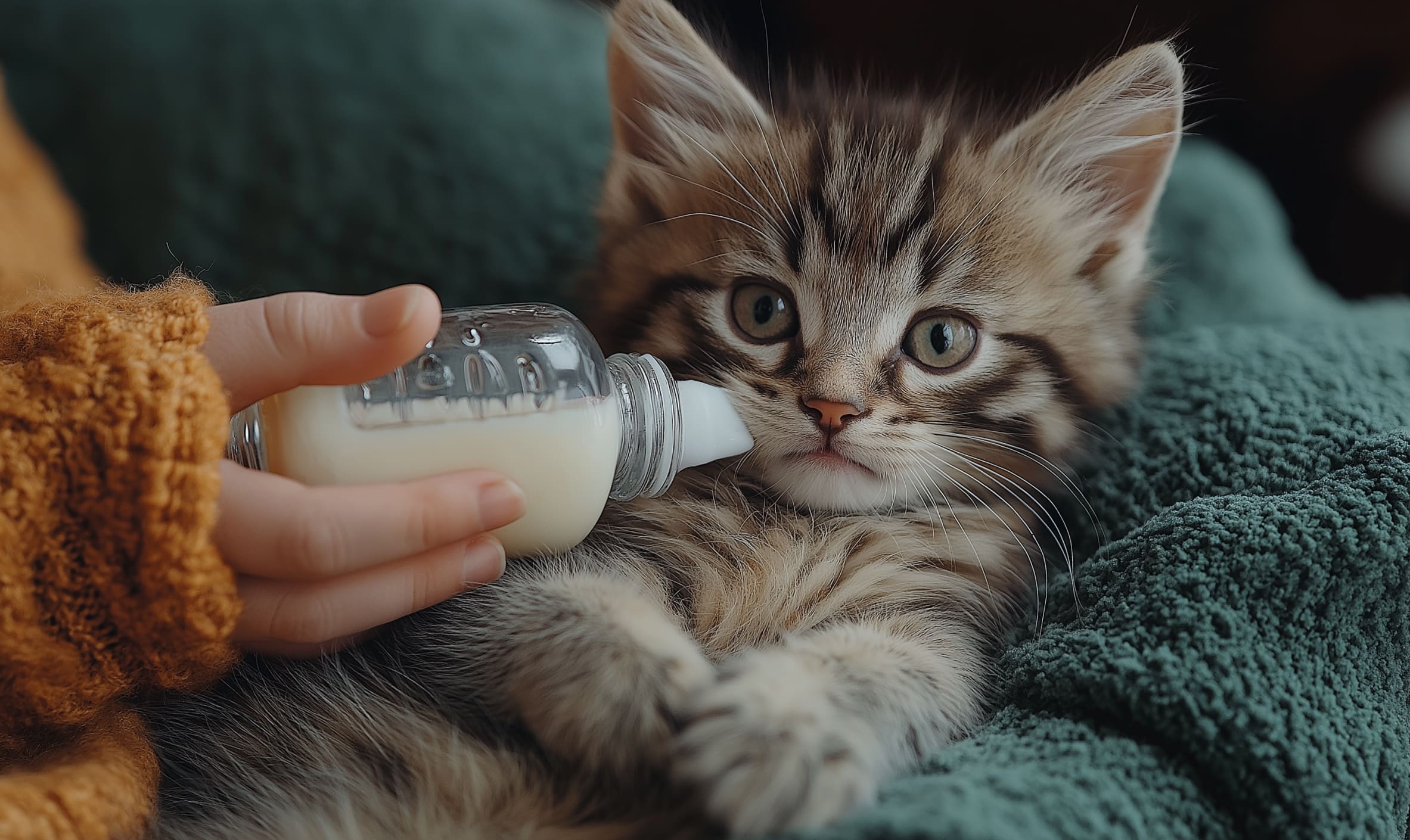 Kitten with milk bottle
